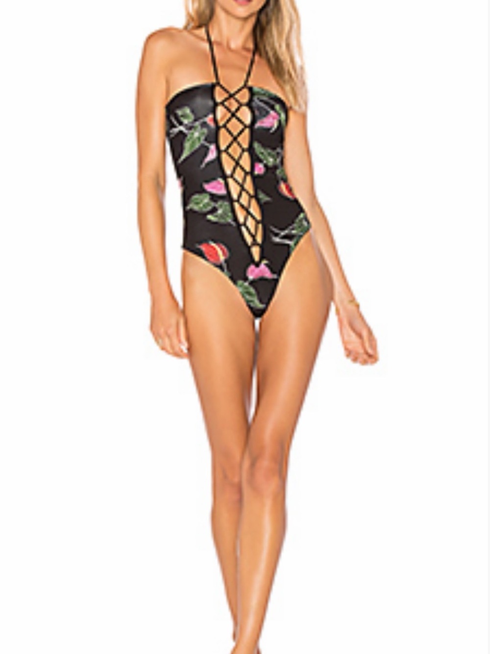 Indah Black Floral Lace-Up Kids One-Piece Swimsuit